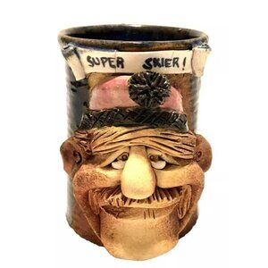 UGLY FACE COFFEE MUG SUPER SKIER 3D POTTERY SIGNED MCALLISTER 1992 4.5" TALL